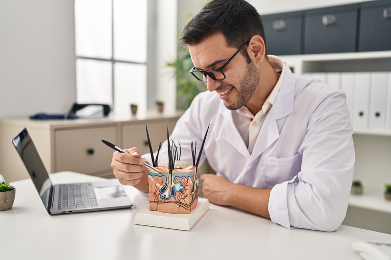 clinical trials lab technician reviewing information with large model of skin and hair